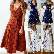 Load image into Gallery viewer, Women V-neck Polka Dots Short Sleeve Midi Dress Ladies Boho Long Summer Sundress
