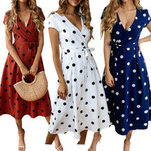Load image into Gallery viewer, Women V-neck Polka Dots Short Sleeve Midi Dress Ladies Boho Long Summer Sundress
