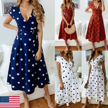 Load image into Gallery viewer, Women V-neck Polka Dots Short Sleeve Midi Dress Ladies Boho Long Summer Sundress