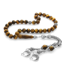 Load image into Gallery viewer, Stainless Metal Fringe Round Cut Tiger Eye Natural Stone Prayer Beads