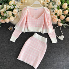 Load image into Gallery viewer, Korean Sweet Knit Plaid Cardigans + Camisole + Skirts 3pcs Sets Girls Short Sweater Coat + Vest + Mini Skirt Suits Women Outfits