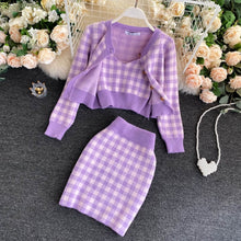 Load image into Gallery viewer, Korean Sweet Knit Plaid Cardigans + Camisole + Skirts 3pcs Sets Girls Short Sweater Coat + Vest + Mini Skirt Suits Women Outfits