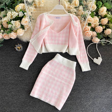 Load image into Gallery viewer, Korean Sweet Knit Plaid Cardigans + Camisole + Skirts 3pcs Sets Girls Short Sweater Coat + Vest + Mini Skirt Suits Women Outfits