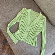 Load image into Gallery viewer, Sexy V-neck Solid Cropped Cardigan Women Korean Autumn Long Sleeve Thin Ice Silk Knitted Sweaters Air Conditioner Sunscreen