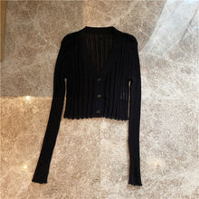 Load image into Gallery viewer, Sexy V-neck Solid Cropped Cardigan Women Korean Autumn Long Sleeve Thin Ice Silk Knitted Sweaters Air Conditioner Sunscreen