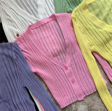 Load image into Gallery viewer, Sexy V-neck Solid Cropped Cardigan Women Korean Autumn Long Sleeve Thin Ice Silk Knitted Sweaters Air Conditioner Sunscreen