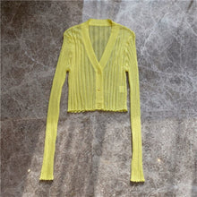 Load image into Gallery viewer, Sexy V-neck Solid Cropped Cardigan Women Korean Autumn Long Sleeve Thin Ice Silk Knitted Sweaters Air Conditioner Sunscreen