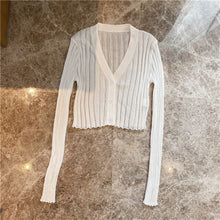 Load image into Gallery viewer, Sexy V-neck Solid Cropped Cardigan Women Korean Autumn Long Sleeve Thin Ice Silk Knitted Sweaters Air Conditioner Sunscreen