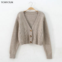 Load image into Gallery viewer, Short High Waist Slim Cable V-neck Sweater Women Spring And Autumn 2021 New Single-breasted Knitted Cardigan Twist Small Jackets