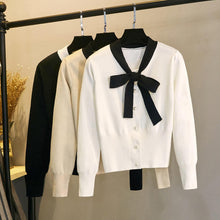 Load image into Gallery viewer, Autumn sweater women 2021 new arrival Long Sleeve Neck Tie Bowknot Knit Blouse Buttons sweater pullover womens vintage crop top