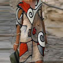 Load image into Gallery viewer, Vintage Geometry Print Dress Women 2021 Summer Elegant V-Neck Half Sleeves Knee Length Dresses Female Casual Loose Vestidos