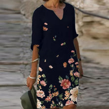 Load image into Gallery viewer, Vintage Geometry Print Dress Women 2021 Summer Elegant V-Neck Half Sleeves Knee Length Dresses Female Casual Loose Vestidos