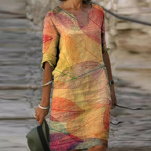 Load image into Gallery viewer, Vintage Geometry Print Dress Women 2021 Summer Elegant V-Neck Half Sleeves Knee Length Dresses Female Casual Loose Vestidos