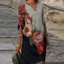 Load image into Gallery viewer, Vintage Geometry Print Dress Women 2021 Summer Elegant V-Neck Half Sleeves Knee Length Dresses Female Casual Loose Vestidos