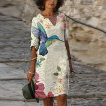 Load image into Gallery viewer, Vintage Geometry Print Dress Women 2021 Summer Elegant V-Neck Half Sleeves Knee Length Dresses Female Casual Loose Vestidos