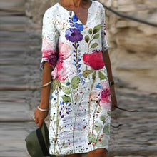 Load image into Gallery viewer, Vintage Geometry Print Dress Women 2021 Summer Elegant V-Neck Half Sleeves Knee Length Dresses Female Casual Loose Vestidos