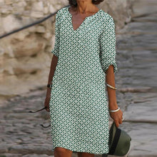 Load image into Gallery viewer, Vintage Geometry Print Dress Women 2021 Summer Elegant V-Neck Half Sleeves Knee Length Dresses Female Casual Loose Vestidos