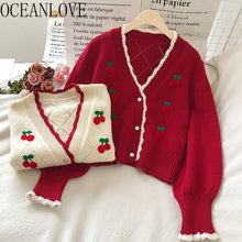 Load image into Gallery viewer, OCEANLOVE Embroidered Cardigans Knit Wear Sweet Puff Sleeve Short Mujer Chaqueta Autum Winter V Neck Cherry Sweaters Women 18958