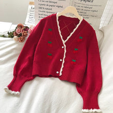 Load image into Gallery viewer, OCEANLOVE Embroidered Cardigans Knit Wear Sweet Puff Sleeve Short Mujer Chaqueta Autum Winter V Neck Cherry Sweaters Women 18958