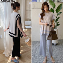 Load image into Gallery viewer, 2021 Fashion summer Women's Ice silk thin Knitted sleeveless Pullover Two-Piece pant Suits +High Waist Loose Wide Leg Pants Set
