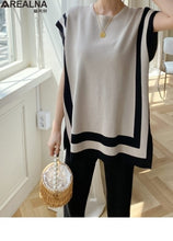 Load image into Gallery viewer, 2021 Fashion summer Women's Ice silk thin Knitted sleeveless Pullover Two-Piece pant Suits +High Waist Loose Wide Leg Pants Set