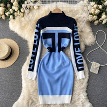 Load image into Gallery viewer, SINGREINY Chic Letter Print Knitted Dress Women Long Sleeve Elastic Slim Pencil Dress Autumn Winter Korean Bodycon Sweater Dress