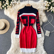 Load image into Gallery viewer, SINGREINY Chic Letter Print Knitted Dress Women Long Sleeve Elastic Slim Pencil Dress Autumn Winter Korean Bodycon Sweater Dress