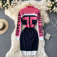 Load image into Gallery viewer, SINGREINY Chic Letter Print Knitted Dress Women Long Sleeve Elastic Slim Pencil Dress Autumn Winter Korean Bodycon Sweater Dress