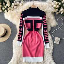 Load image into Gallery viewer, SINGREINY Chic Letter Print Knitted Dress Women Long Sleeve Elastic Slim Pencil Dress Autumn Winter Korean Bodycon Sweater Dress