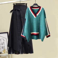 Load image into Gallery viewer, Plus Size Women Winter Patchwork Long Sleeve Knitted Tops + Asymmetric Skirt 2 Piece Suit Female Party Elegant 4XL Two Piece Set