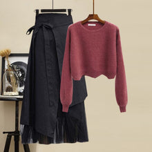 Load image into Gallery viewer, Plus Size Women Winter Patchwork Long Sleeve Knitted Tops + Asymmetric Skirt 2 Piece Suit Female Party Elegant 4XL Two Piece Set