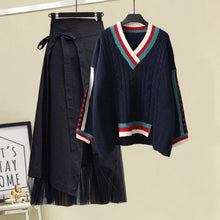 Load image into Gallery viewer, Plus Size Women Winter Patchwork Long Sleeve Knitted Tops + Asymmetric Skirt 2 Piece Suit Female Party Elegant 4XL Two Piece Set