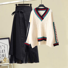 Load image into Gallery viewer, Plus Size Women Winter Patchwork Long Sleeve Knitted Tops + Asymmetric Skirt 2 Piece Suit Female Party Elegant 4XL Two Piece Set