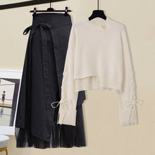 Load image into Gallery viewer, Plus Size Women Winter Patchwork Long Sleeve Knitted Tops + Asymmetric Skirt 2 Piece Suit Female Party Elegant 4XL Two Piece Set