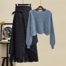 Load image into Gallery viewer, Plus Size Women Winter Patchwork Long Sleeve Knitted Tops + Asymmetric Skirt 2 Piece Suit Female Party Elegant 4XL Two Piece Set