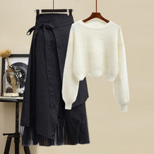 Load image into Gallery viewer, Plus Size Women Winter Patchwork Long Sleeve Knitted Tops + Asymmetric Skirt 2 Piece Suit Female Party Elegant 4XL Two Piece Set