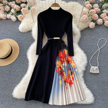 Load image into Gallery viewer, SINGREINY Women Elegant French Dress Design Splice Gradient Pleated A-line Knitted Dresses Autumn Fashion Streetwear Midi Dress