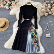 Load image into Gallery viewer, SINGREINY Women Elegant French Dress Design Splice Gradient Pleated A-line Knitted Dresses Autumn Fashion Streetwear Midi Dress