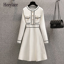 Load image into Gallery viewer, Plus Size Autumn Winter Striped Patchwork Knitted Dress Elegant Women O Neck Button Long Sleeve White Sweater Dresses 4XL