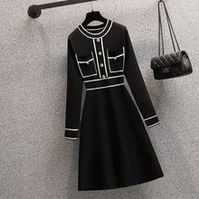 Load image into Gallery viewer, Plus Size Autumn Winter Striped Patchwork Knitted Dress Elegant Women O Neck Button Long Sleeve White Sweater Dresses 4XL