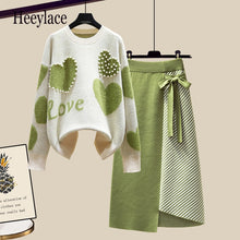 Load image into Gallery viewer, Newest Lazy Sweater Two Piece set Women Sweet Heart-shaped beaded Pullover Jumper Top + Irregular Striped Skirt Knit 2PCS Sets