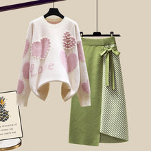 Load image into Gallery viewer, Newest Lazy Sweater Two Piece set Women Sweet Heart-shaped beaded Pullover Jumper Top + Irregular Striped Skirt Knit 2PCS Sets