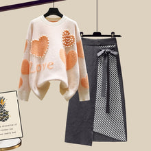 Load image into Gallery viewer, Newest Lazy Sweater Two Piece set Women Sweet Heart-shaped beaded Pullover Jumper Top + Irregular Striped Skirt Knit 2PCS Sets