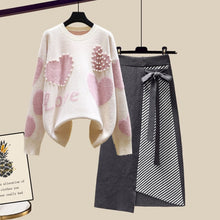Load image into Gallery viewer, Newest Lazy Sweater Two Piece set Women Sweet Heart-shaped beaded Pullover Jumper Top + Irregular Striped Skirt Knit 2PCS Sets
