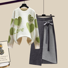Load image into Gallery viewer, Newest Lazy Sweater Two Piece set Women Sweet Heart-shaped beaded Pullover Jumper Top + Irregular Striped Skirt Knit 2PCS Sets