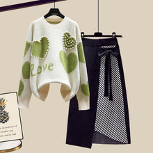 Load image into Gallery viewer, Newest Lazy Sweater Two Piece set Women Sweet Heart-shaped beaded Pullover Jumper Top + Irregular Striped Skirt Knit 2PCS Sets