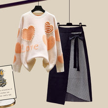 Load image into Gallery viewer, Newest Lazy Sweater Two Piece set Women Sweet Heart-shaped beaded Pullover Jumper Top + Irregular Striped Skirt Knit 2PCS Sets