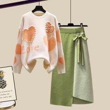 Load image into Gallery viewer, Newest Lazy Sweater Two Piece set Women Sweet Heart-shaped beaded Pullover Jumper Top + Irregular Striped Skirt Knit 2PCS Sets