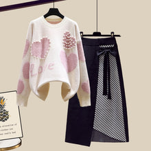 Load image into Gallery viewer, Newest Lazy Sweater Two Piece set Women Sweet Heart-shaped beaded Pullover Jumper Top + Irregular Striped Skirt Knit 2PCS Sets