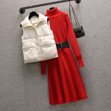 Load image into Gallery viewer, Plus Size Set Autumn Winter Warm Knitted Turtleneck Sweater Dresses And Thick Vest Suits For Women Elegant Two Pieces Sets 4XL
